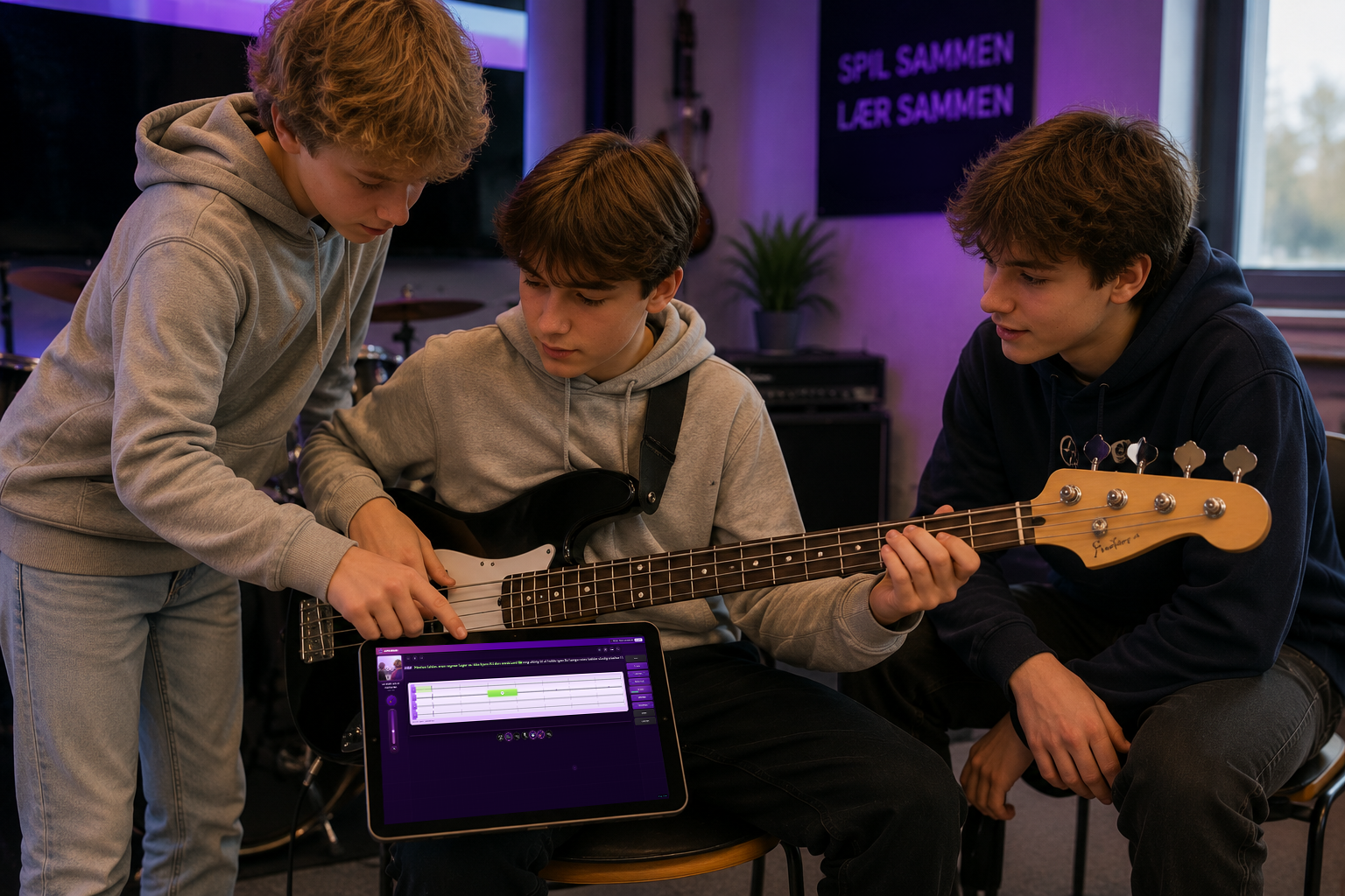 Elever hjælper hinanden under sammenspil med JamBoxEdu